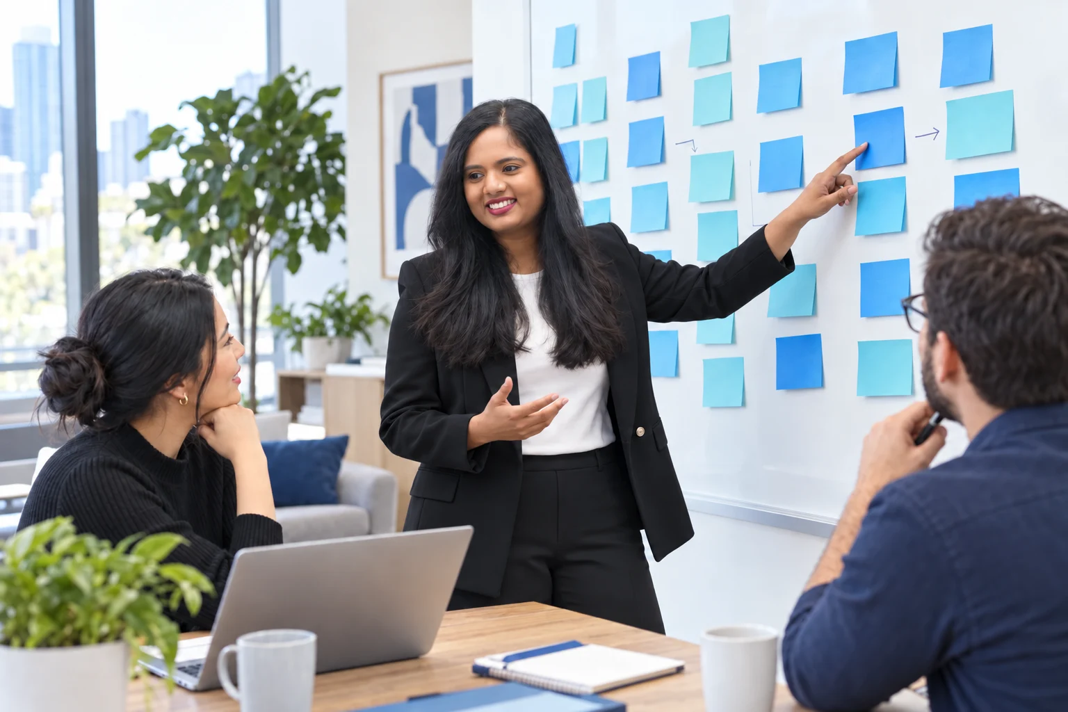 Illustrative generated scene of Karishma mapping a process with colleagues